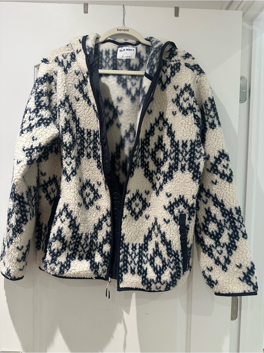Old Navy Black and Cream Sherpa Zip-Up Hooded Jacket